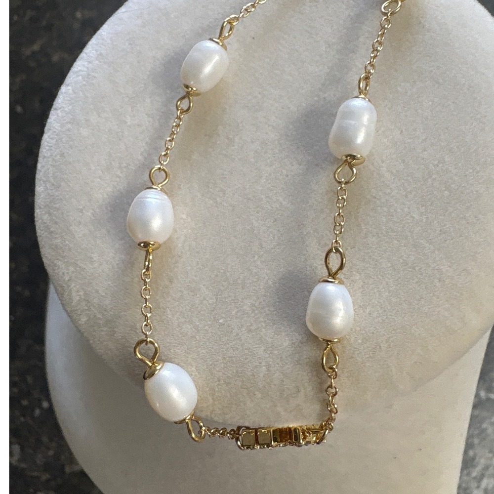 Tory Burch Kira Pearl Chain Bracelet Gold Pave Crystal Logo Women New - Picture 5 of 6